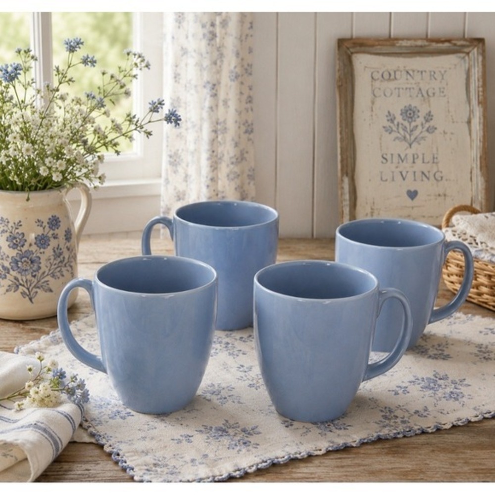 Corelle by Corning COUNTRY COTTAGE Set of 4 Solid Periwinkle Blue Mugs